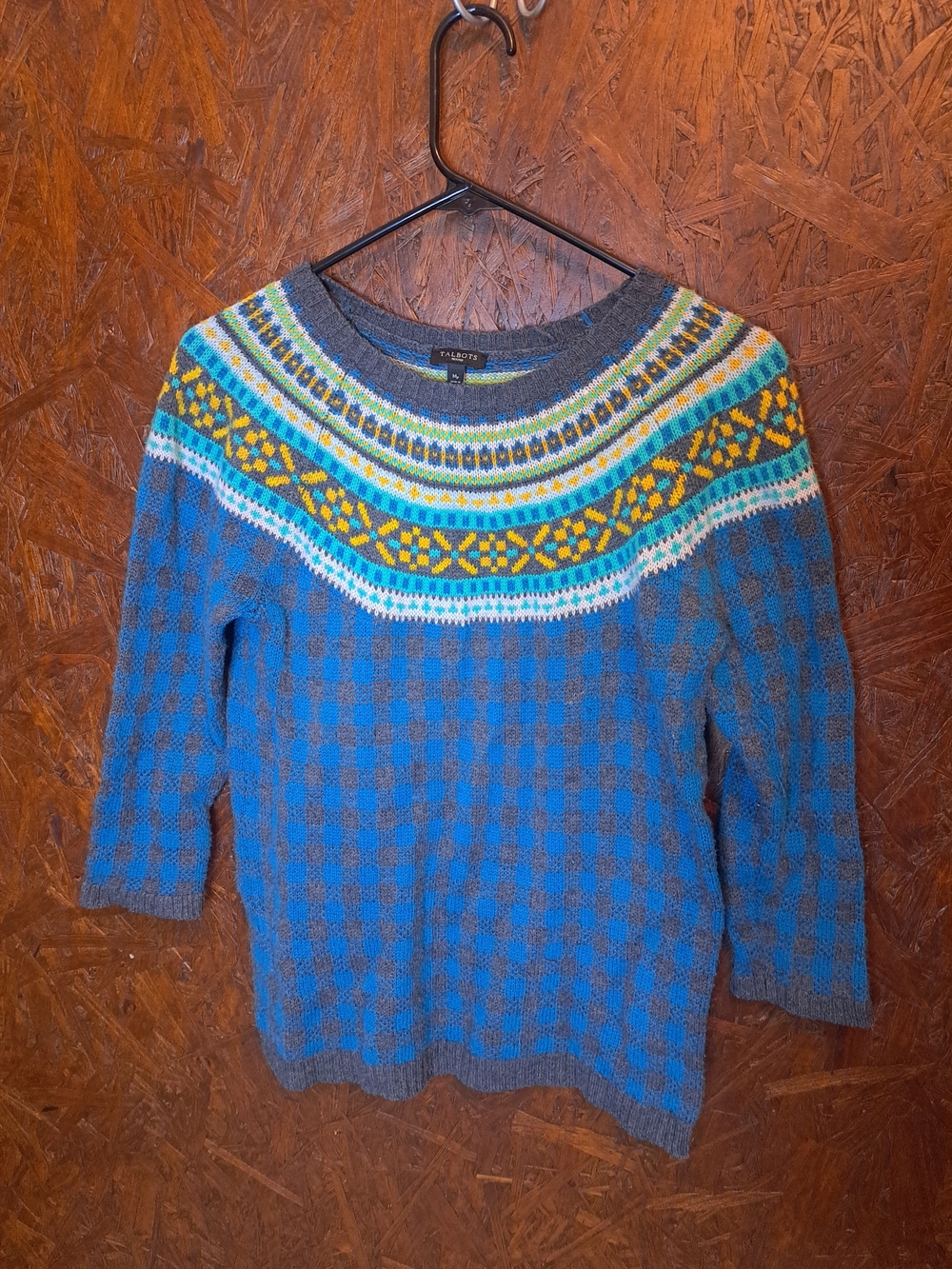 Talbots Blue and Gray Fair Isle Yoke Crewneck Sweater